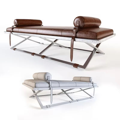 Modern Leather Footstool With Metal Frame Brown Gray Cushion Straps 3d model