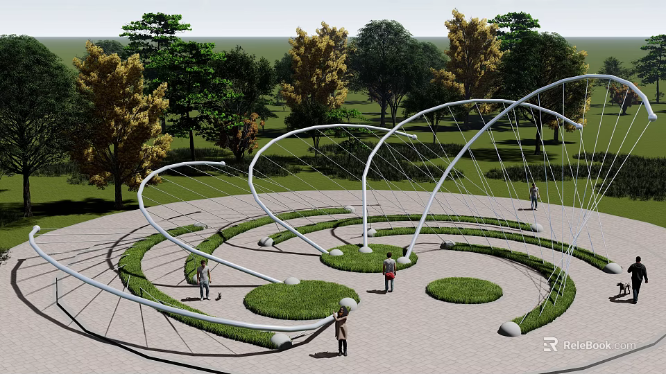 Garden Ornament With Spiral Metal Structures Circular Lawn Areas Trees And People 3d model 