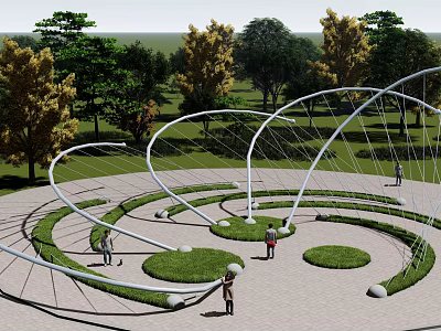 Garden Ornament With Spiral Metal Structures Circular Lawn Areas Trees And People 3d model