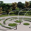Garden Ornament With Spiral Metal Structures Circular Lawn Areas Trees And People