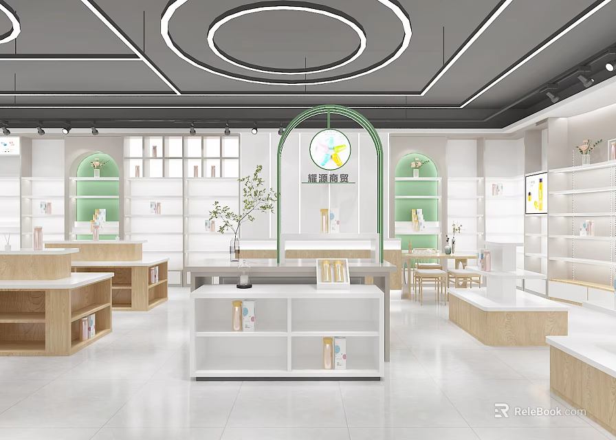 Elegant Modern Store Interior With Display Shelves Wooden Counters And Green Plants 3d model 