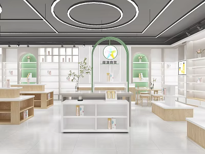 Elegant Modern Store Interior With Display Shelves Wooden Counters And Green Plants 3d model