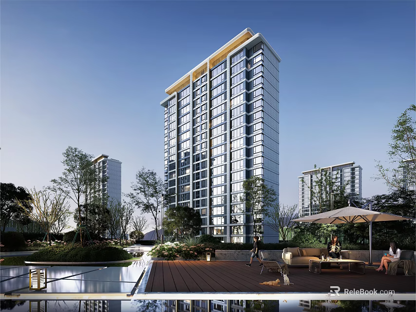 Modern High Rise Residential Building With Greenery Water Feature Outdoor Seating And Blue Sky 3d model 