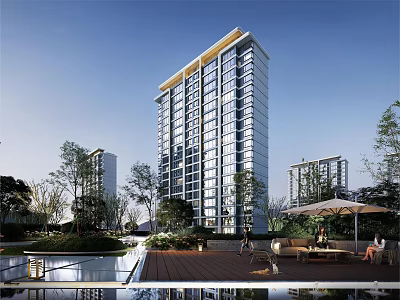 Modern High Rise Residential Building With Greenery Water Feature Outdoor Seating And Blue Sky 3d model