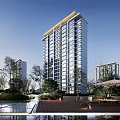 Modern High Rise Residential Building With Greenery Water Feature Outdoor Seating And Blue Sky
