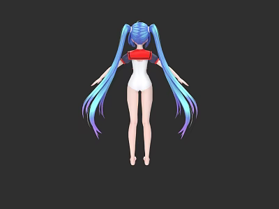 Anime Style Game Movie Character Rear View With Blue Twin Ponytails And White Red Leotard 3d model