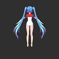 Anime Style Game Movie Character Rear View With Blue Twin Ponytails And White Red Leotard