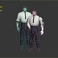 Two Men Wearing White Shirts Dark Ties And Dark Pants With Mechanical Arms