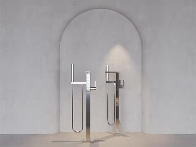 Sleek Silver Faucets With Long Metal Pipes In Arched Niche On Light Gray Wall 3d model