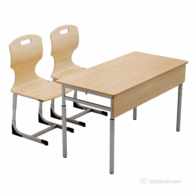 Wooden Office Desk with Metal Legs and Two Matching Wooden Chairs Featuring Backrests 3d model 