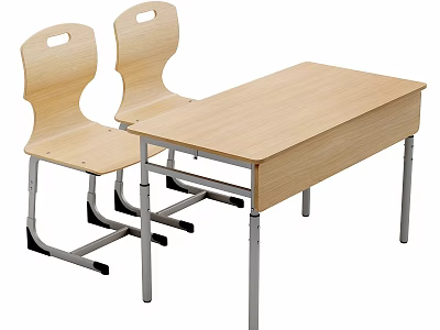 Wooden Office Desk with Metal Legs and Two Matching Wooden Chairs Featuring Backrests 3d model