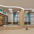 Bright Kindergarten Interior With Wooden Ceiling Round Lights Reception Desk And Bookshelves