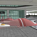 Modern Urban Plaza Landscape With White Canopies Trees Pedestrians And Paved Pathways