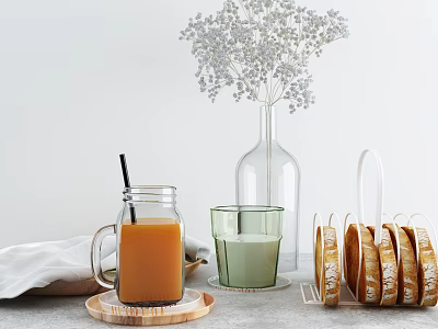 Round Bread Slices On Metal Rack With Orange Drink Green Glass White Flowers And White Cloth 3d model