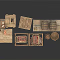 Vintage Daily Life Supplies Including Wooden Boxes Barrels Wicker Baskets Rugs And Clay Pots