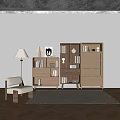 Modern Minimalist Wooden Bookcase With Open Shelves Storage Floor Lamp And Chair