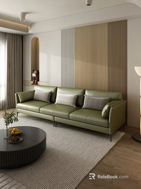 Stylish Green Sectional Sofa With Gray Beige Cushions Round Coffee Table And Wooden Striped Wall 3d model 