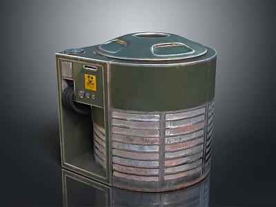 Green Cylindrical Industrial Equipment Featuring Top Openings Side Warning Label And Metal Striped Base 3d model