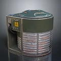 Green Cylindrical Industrial Equipment Featuring Top Openings Side Warning Label And Metal Striped Base