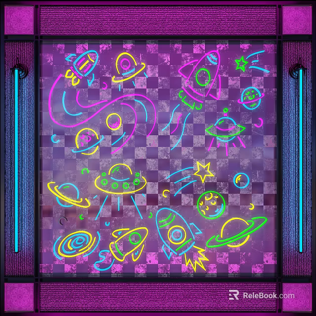 Vibrant Neon Decorative Lights with Space Rockets Planets and Stars on Purple Checkerboard Background 3d model 