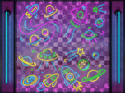 Vibrant Neon Decorative Lights with Space Rockets Planets and Stars on Purple Checkerboard Background 3d model