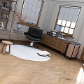 Interior With Metal Shelf Black Chair Round Rug Chandelier Wooden Herringbone Floor Glass Door Leading To Pool