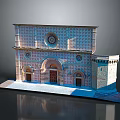 Architectural Model Display Featuring Wood And Stone Elements With Decorative Arches And Design Details