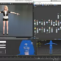 Blonde Game Movie Character in Black Jacket White Top Black Shorts Arms Outstretched Gray Background