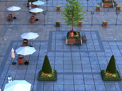 Stylish Outdoor Table With White Umbrellas Green Plants And Benches In Paved Square 3d model