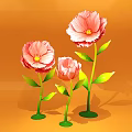 Vibrant Pink Flowers With Green Stems And Leaves On Orange Background