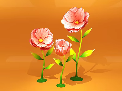 Vibrant Pink Flowers With Green Stems And Leaves On Orange Background 3d model