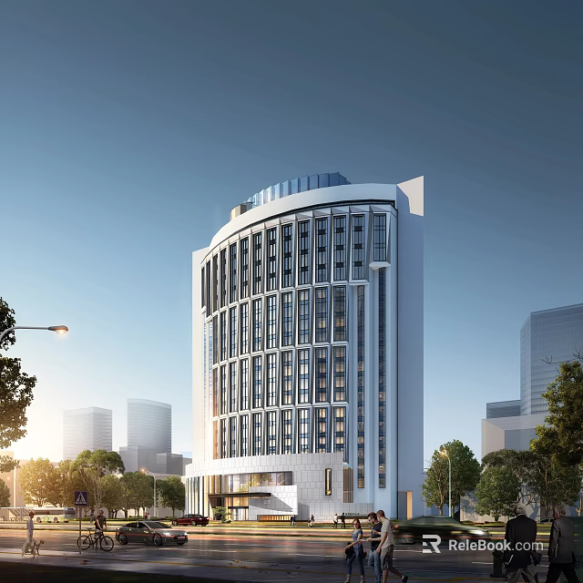 Modern Hotel Building With Curved Exterior Glass Windows And Urban Background Trees Around 3d model 