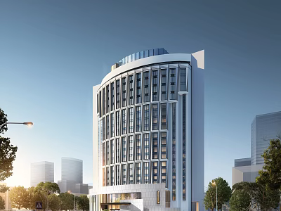 Modern Hotel Building With Curved Exterior Glass Windows And Urban Background Trees Around 3d model