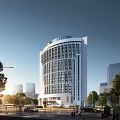 Modern Hotel Building With Curved Exterior Glass Windows And Urban Background Trees Around
