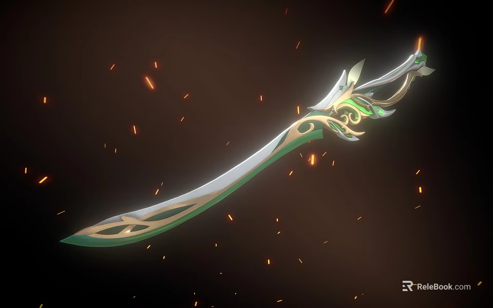Ornate Decorative Sword Featuring Green Accents Gold Details And Orange Flaming Particles 3d model 