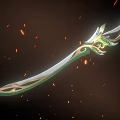 Ornate Decorative Sword Featuring Green Accents Gold Details And Orange Flaming Particles
