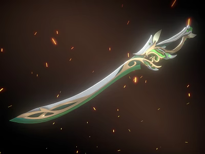 Ornate Decorative Sword Featuring Green Accents Gold Details And Orange Flaming Particles 3d model