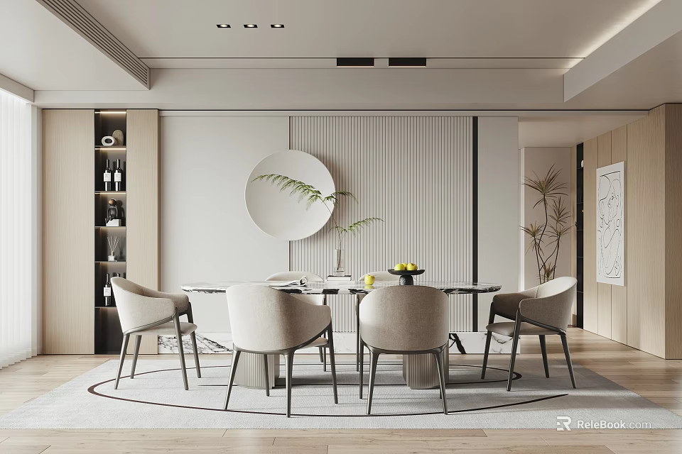 Modern Restaurant Interior Featuring Round Dining Table Beige Chairs And Decorative Plants 3d model