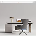 Modern Desk Interior With Ergonomic Chair Laptop And Gray Drawer Cabinet Stools