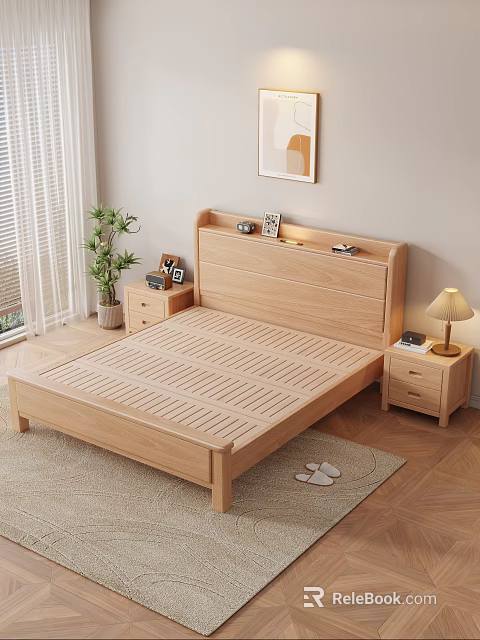 Cozy Bedroom Interior With Wooden Bed Nightstands Table Lamp Potted Plant Blinds Rug And Slippers 3d model 