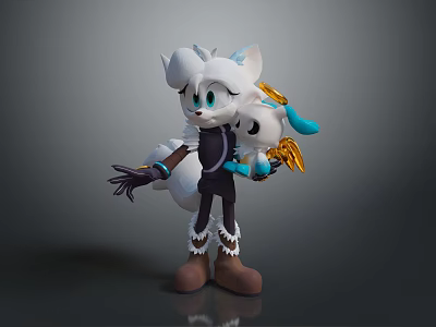 White Haired Anthropomorphic Fox Game Character Holding Small Blue Gold Companion Dark Outfit Brown Boots 3d model