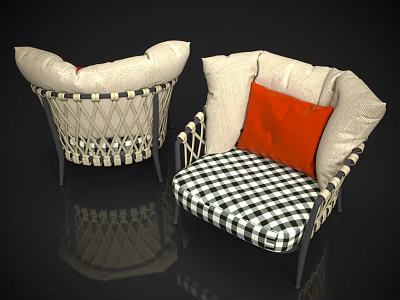 Woven Frame Armchair With White Cushions Orange Pillow And Black White Checkered Seat 3d model