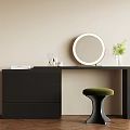 Modern Black Dressing Table with White Framed Round Mirror Green Stool and Scented Items 3d model