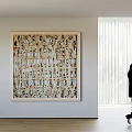 Person Walking In Room With Large Decorative Painting White Wall Natural Light And Window Blinds