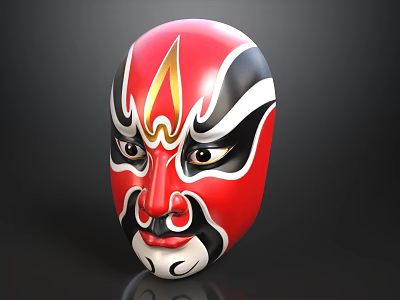 Traditional Chinese Peking Opera Mask with Red Black White and Gold Decor on Dark Background 3d model
