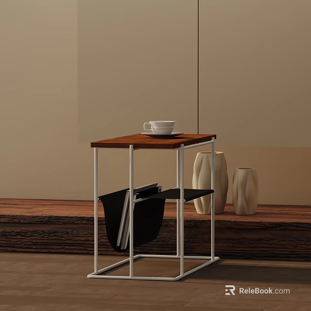 Modern Side Table With Wooden Top And Metal Frame Featuring White Cup And Decorative Vases 3d model 