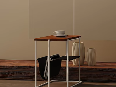 Modern Side Table With Wooden Top And Metal Frame Featuring White Cup And Decorative Vases 3d model