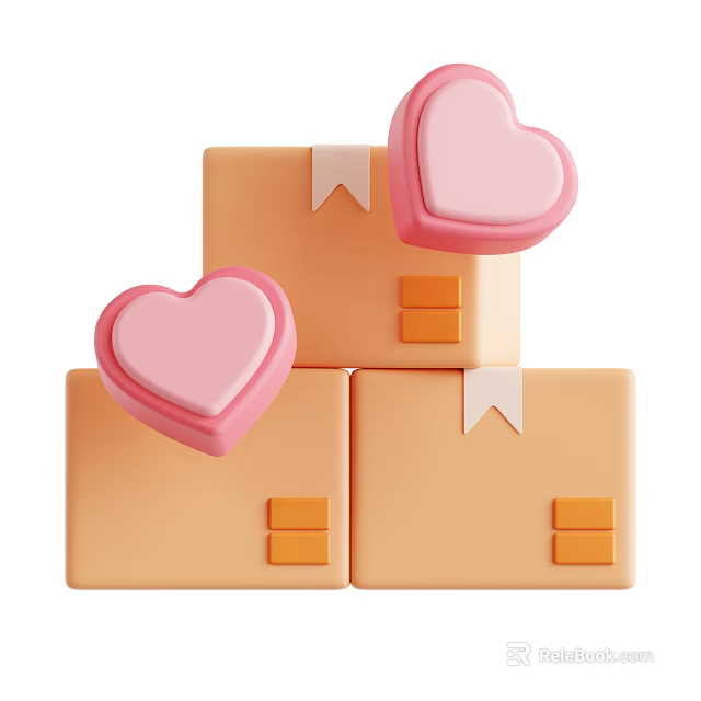 Stacked Orange Cardboard Boxes With Pink Hearts White Tags And Rectangles 3d model 