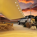 Scenic Desert Garden Landscape With Sunset Tent Camping Tables Chairs And Tires