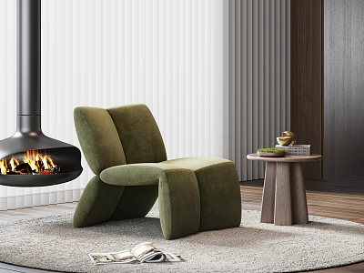 Green Velvet Single Sofa In Modern Living Room With Fireplace And Side Table 3d model